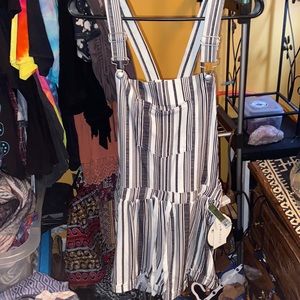 Black white pin strip overall shorts